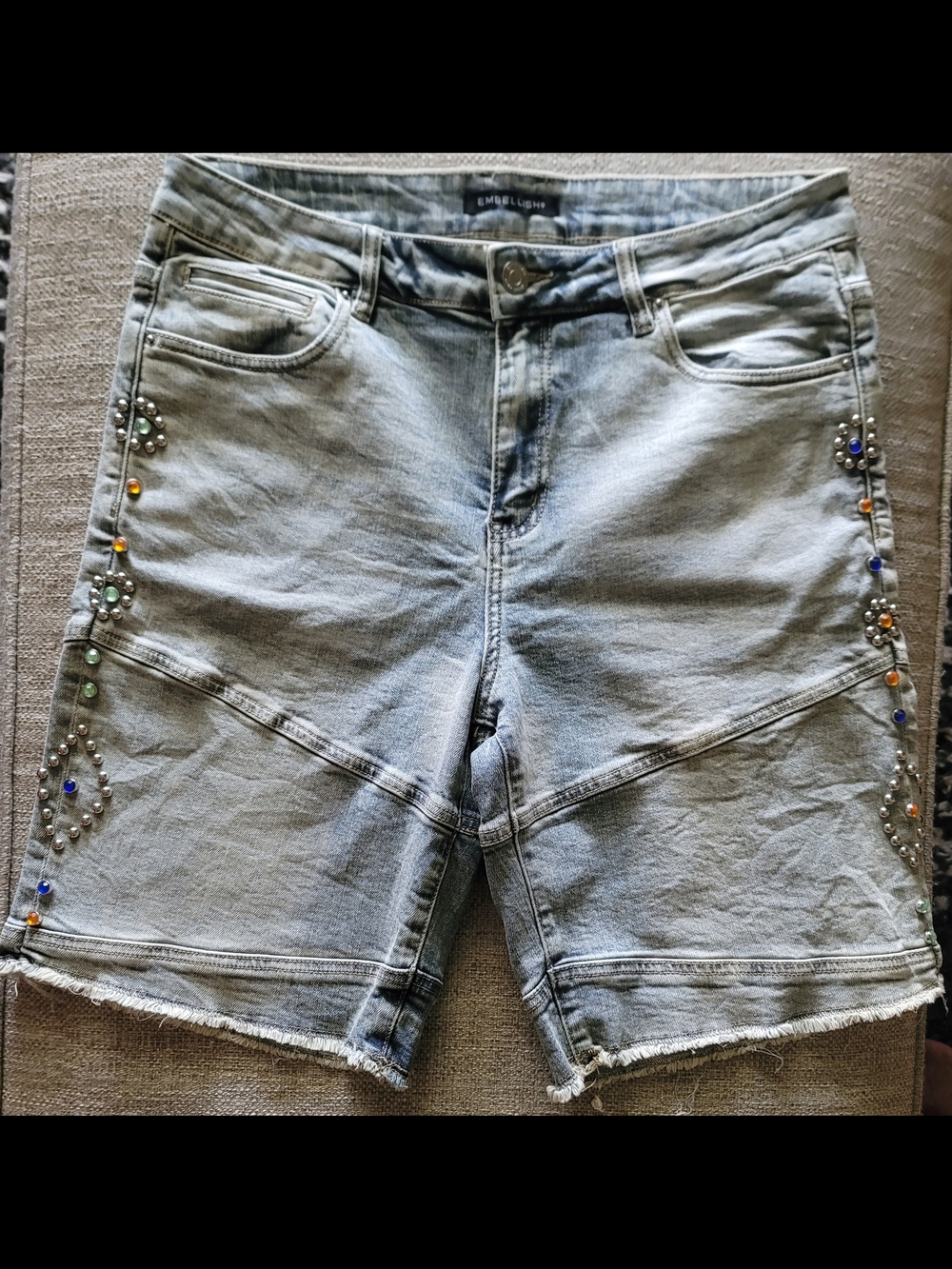EMBELLISH Acid-Wash Studded Denim Shorts